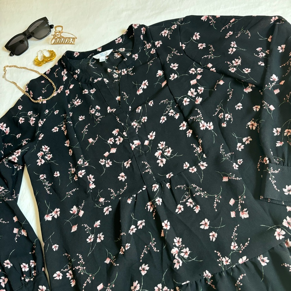 Black Tiered Dress with Pink Floral Pattern, Large (12-14)